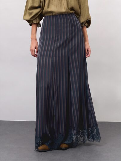 Nöista Long Navy Blue Stripped Skirt And Delicate Lace Trim At The Hem. Fall, Winter, Everyday Look, Office, Formal Event, Halloween, Going Out, Christmas.