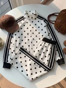 SHEIN Tween Girl Woven Polka Dot Patchwork Ribbon Trim Jacket & Pants Casual 2 Pieces Set - Black and White - View 4
