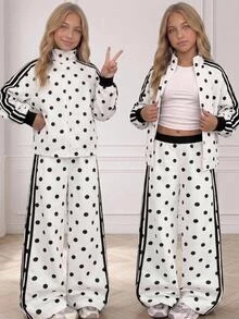 SHEIN Tween Girl Woven Polka Dot Patchwork Ribbon Trim Jacket & Pants Casual 2 Pieces Set - Black and White - View 3