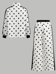 SHEIN Tween Girl Woven Polka Dot Patchwork Ribbon Trim Jacket & Pants Casual 2 Pieces Set - Black and White - View 2
