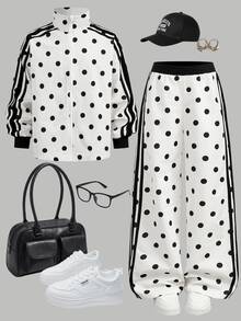 SHEIN Tween Girl Woven Polka Dot Patchwork Ribbon Trim Jacket & Pants Casual 2 Pieces Set - Black and White - View 1