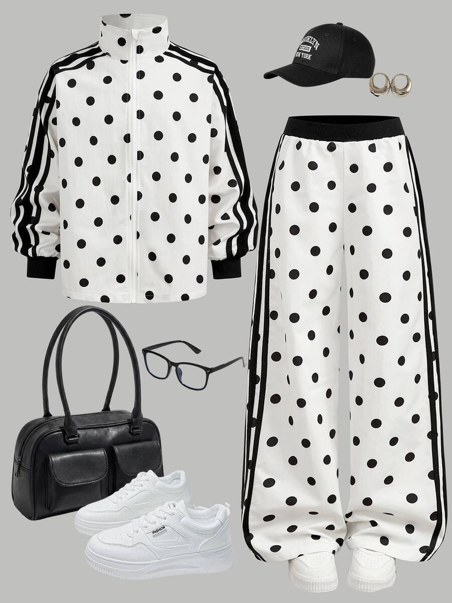 SHEIN Tween Girl Woven Polka Dot Patchwork Ribbon Trim Jacket & Pants Casual 2 Pieces Set - Black and White - View 1