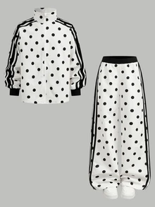SHEIN Tween Girl Woven Polka Dot Patchwork Ribbon Trim Jacket & Pants Casual 2 Pieces Set - Black and White - View 8