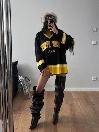 StreetHx Black And Yellow Contrast Loose Drop Shoulder V-Neck Printed Long Sleeve Top, Streetwear Slimming Blouse Everyday Going Out Autumn