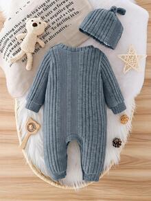 SHEIN Baby Knitted Round Neck Long Sleeved Regular Slim Fit Comfortable Jumpsuit Autumn Fall Style - Dusty Blue - View 2