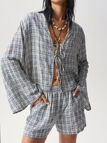 Bohemela 女款度假休閒格紋上衣與短褲兩件套 - 彩色 - 查看 3