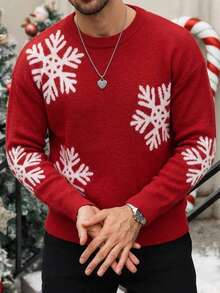 Manfinity Homme 聖誕男士雪花圖案休閒日常長袖毛衣，適合情侶穿著，溫馨家庭氛圍親子情侶套裝 - 紅色 - 查看 5