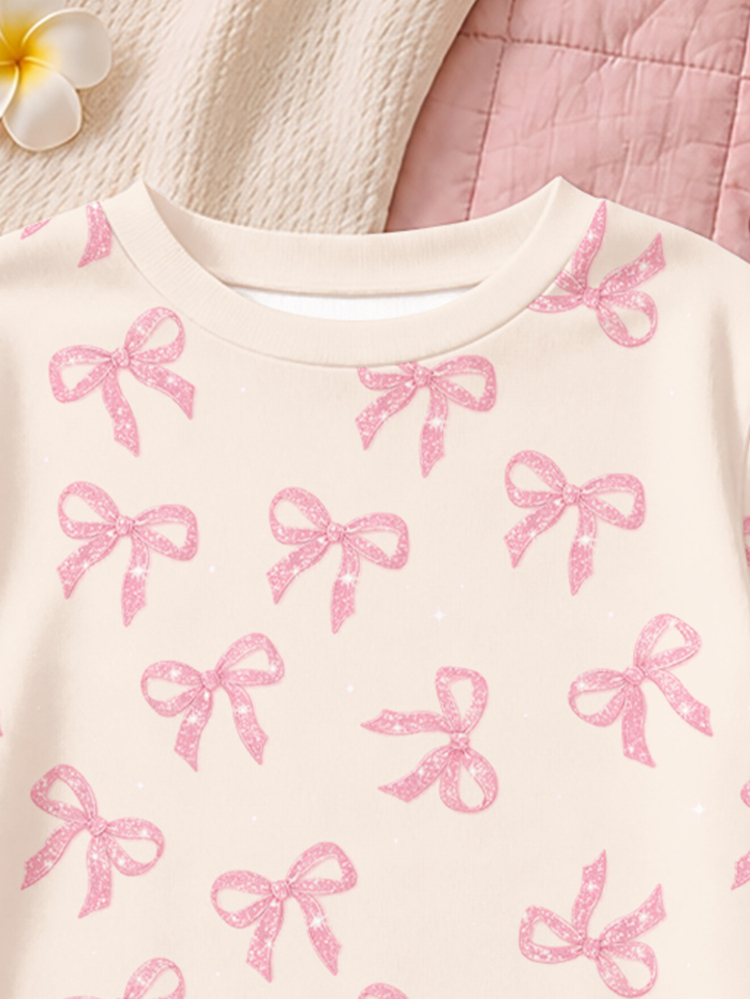 Cream White, Girls' Casual Minimalist Sweet Bow Pattern Print Short Sleeve Long Pants Brushed Ribbed Fabric Loungewear Set Pajama Set Suitable For Autumn/Winter, Snug Fit, Dreamy Healing Winter, Lazy Sweet Girl Home, Girly Style - Multicolor - View 6