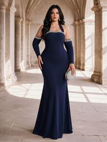 Coutiva Plus Size Women's Rhinestone Decorated Off-Shoulder Halter Neck Mermaid Hem Elegant Formal Evening Gown (Heavy Workmanship) - Navy Blue - View 5