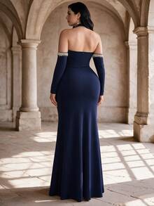 Coutiva Plus Size Women's Rhinestone Decorated Off-Shoulder Halter Neck Mermaid Hem Elegant Formal Evening Gown (Heavy Workmanship) - Navy Blue - View 3