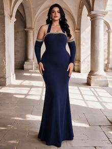 Coutiva Plus Size Women's Rhinestone Decorated Off-Shoulder Halter Neck Mermaid Hem Elegant Formal Evening Gown (Heavy Workmanship) - Navy Blue - View 7