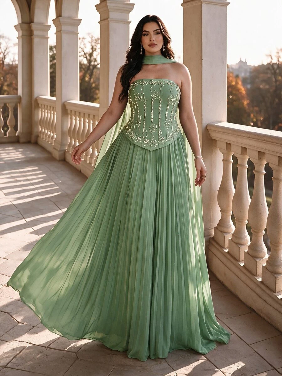 Coutiva Plus Size Women's High-End Evening Gown With Elegant Elegant, Ribbon Design, Strapless, Luxury Style - Green - View 1
