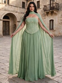 Coutiva Gaun Malam Mewah Ukuran Plus untuk Wanita dengan Desain Pita yang Elegan, Tanpa Tali Bahu, Gaya Mewah - Hijau - View 1