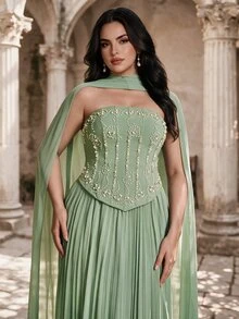 Coutiva Gaun Malam Mewah Ukuran Plus untuk Wanita dengan Desain Pita yang Elegan, Tanpa Tali Bahu, Gaya Mewah - Hijau - View 6