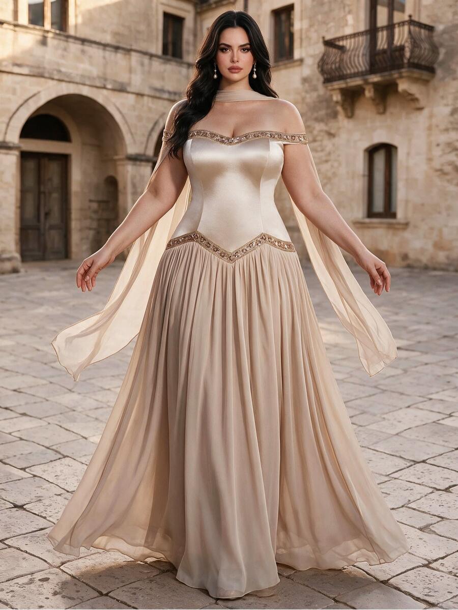 Coutiva Beige Cold Shoulder V-Neck Asymmetrical Ruched Satin Patchwork Full Skirt Chiffon Plus Size Long Evening Gown Dinner Fall Classy New Year