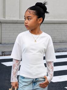 SHEIN Tween Girls White Knit Waist-Cinching Design Contrast Lace 2 In 1 Long Sleeve T-Shirt - White - View 3