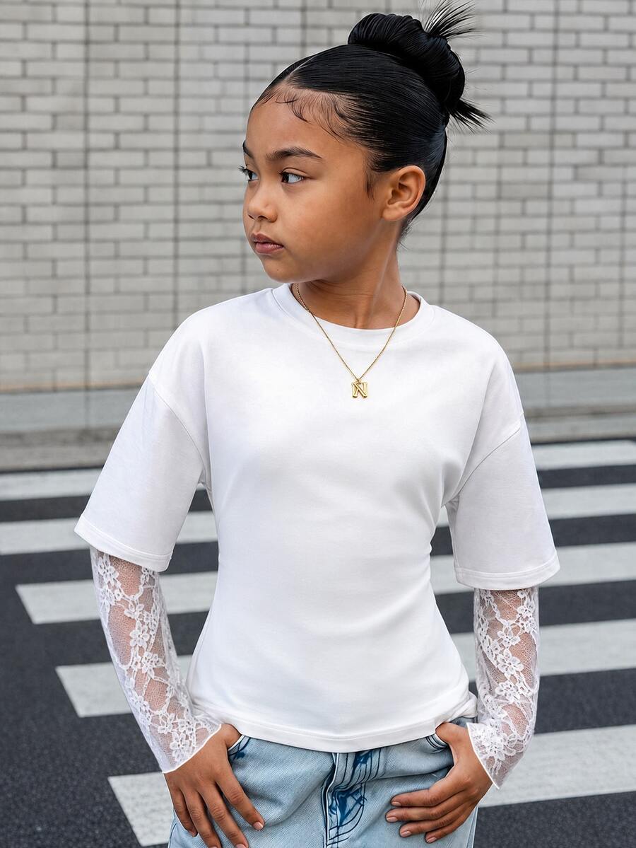 SHEIN Tween Girls White Knit Waist-Cinching Design Contrast Lace 2 In 1 Long Sleeve T-Shirt - White - View 1