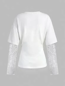 SHEIN Tween Girls White Knit Waist-Cinching Design Contrast Lace 2 In 1 Long Sleeve T-Shirt - White - View 5