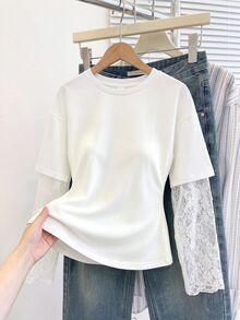 SHEIN Tween Girls White Knit Waist-Cinching Design Contrast Lace 2 In 1 Long Sleeve T-Shirt - White - View 2