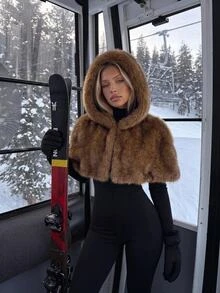 SHEIN ICON 女款秋冬時尚連帽短版人造毛皮夾克，萬聖節女性服裝，適合雞尾酒會與外出穿著，優雅棕色調 - 棕色 - 查看 7