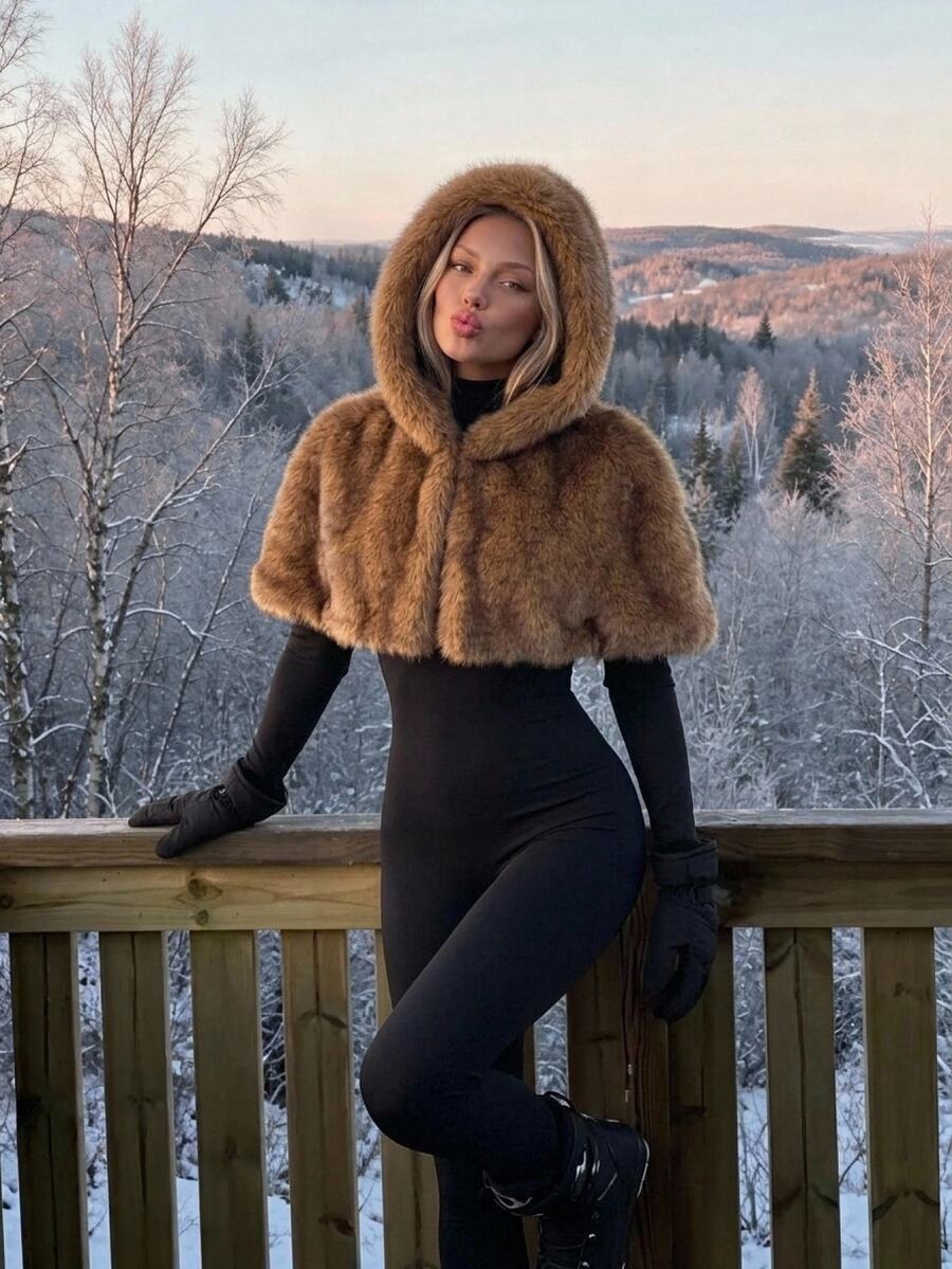 SHEIN ICON 女款秋冬時尚連帽短版人造毛皮夾克,萬聖節女性服裝,適合雞尾酒會與外出穿著,優雅棕色調 - 棕色 - 查看 1