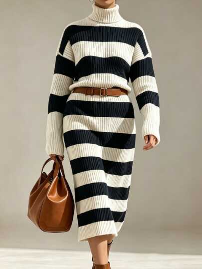 Linhara CURVE Plus Size Women's Autumn/Winter Fashion Elegant Blue & White Contrast Striped High Neck Long Sleeve Loose Slimming Mid-Length Knit Dress, Suitable For Daily Commute, Vacation And Other Occasions