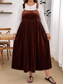SHEIN CURVE+ 大尺碼休閒純色秋季洋裝 - 咖啡棕 - 查看 4