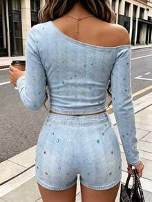 Rovax Women's Colorful Rhinestone Decorated Asymmetric Neck Top And Shorts Casual Daily 2-Piece Set - Multicolor - View 2