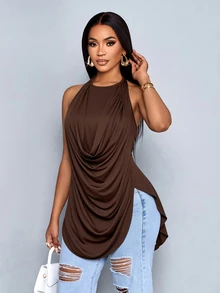 SOLERSUN Atasan Wanita Musim Panas Model Halter Leher Kerah Berlipat dengan Belahan Samping dan Hem Asimetris, Atasan Kasual Harian Gaya Y2K - Coffee Brown - View 7