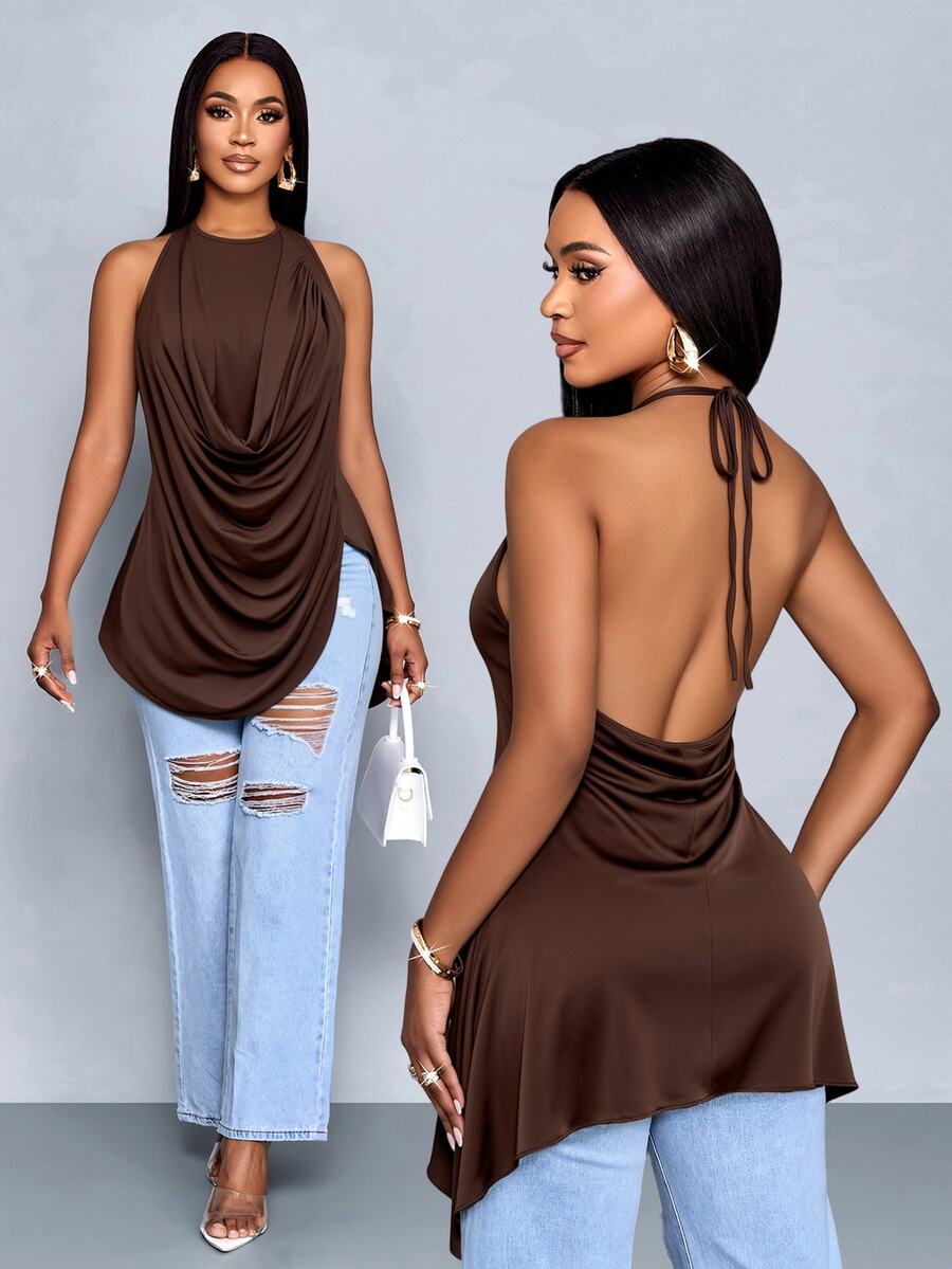 SOLERSUN Atasan Wanita Musim Panas Model Halter Leher Kerah Berlipat dengan Belahan Samping dan Hem Asimetris, Atasan Kasual Harian Gaya Y2K - Coffee Brown - View 1