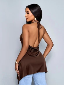 SOLERSUN Atasan Wanita Musim Panas Model Halter Leher Kerah Berlipat dengan Belahan Samping dan Hem Asimetris, Atasan Kasual Harian Gaya Y2K - Coffee Brown - View 2