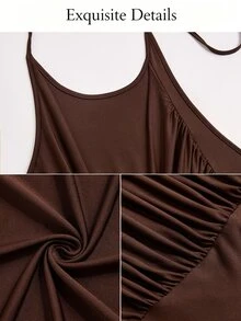 SOLERSUN Atasan Wanita Musim Panas Model Halter Leher Kerah Berlipat dengan Belahan Samping dan Hem Asimetris, Atasan Kasual Harian Gaya Y2K - Coffee Brown - View 8