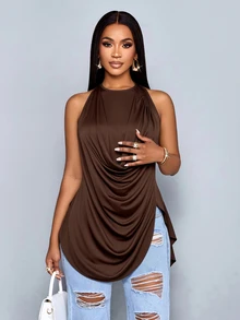 SOLERSUN Atasan Wanita Musim Panas Model Halter Leher Kerah Berlipat dengan Belahan Samping dan Hem Asimetris, Atasan Kasual Harian Gaya Y2K - Coffee Brown - View 6