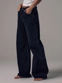 MUSERA Mid Waist Baggy Fit Black Wash Silver Button Detail Denim Jeans Mid Rise Casual Fall Autumn Winter Night Out Back To School Office Work Date Night Core Denim Chic Spring Summer - Blue - View 4