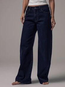 MUSERA Mid Waist Baggy Fit Black Wash Silver Button Detail Denim Jeans Mid Rise Casual Fall Autumn Winter Night Out Back To School Office Work Date Night Core Denim Chic Spring Summer - Blue - View 3