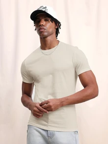 SUMWON Slim Fit Crew Neck Short Sleeve Solid Cotton T-Shirt Casual Everyday Essential Spring Summer - Beige - View 1