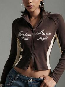 Gowayae Gowayae Fashion Women's Patchwork Ribbed Long Sleeve Knit Print Top - Brown - View 2