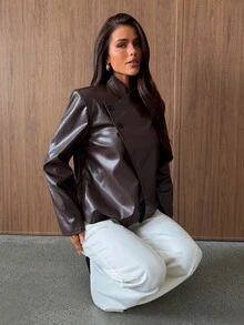 Aloruh Women's Solid Color PU Leather Single-Breasted Fashion Blazer,Autumn,Winter - Coffee Brown - View 6