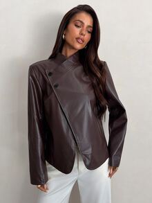 Aloruh Women's Solid Color PU Leather Single-Breasted Fashion Blazer,Autumn,Winter - Coffee Brown - View 3