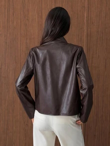 Aloruh Women's Solid Color PU Leather Single-Breasted Fashion Blazer,Autumn,Winter - Coffee Brown - View 2