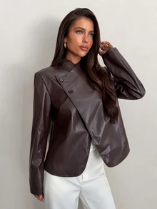 Aloruh Women's Solid Color PU Leather Single-Breasted Fashion Blazer,Autumn,Winter - Coffee Brown - View 4
