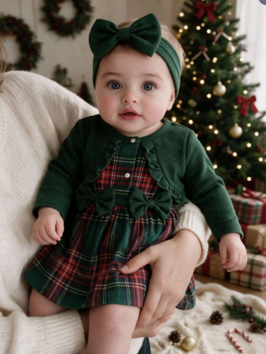 SHEIN 4Pcs Baby Girls Dress Bolero Set Elegant Sweet Green Red Plaid Bow Ruffle Ribbed Long Sleeve Round Neck Regular Winter Red Skirt Fall A-Line - Green - View 1