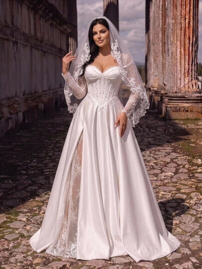 Glamrae Vestido de Noche Elegante Formal Sexy Talla Grande Blanco con Encaje Patchwork Satén Hombros Descubiertos Transparente Manga Larga Falda Plisada Fiesta Baile Boda Vestido de Novia Otoño