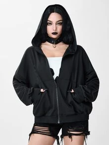 ROMWE Grunge Punk Sweatshirt Hoodie Oversize dengan Desain Tengkorak Tulang Belakang Gaya Street Punk Burnout Hollow - Hitam - View 2