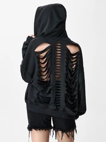 ROMWE Grunge Punk Sweatshirt Hoodie Oversize dengan Desain Tengkorak Tulang Belakang Gaya Street Punk Burnout Hollow - Hitam - View 1