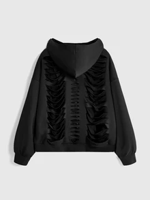 ROMWE Grunge Punk Sweatshirt Hoodie Oversize dengan Desain Tengkorak Tulang Belakang Gaya Street Punk Burnout Hollow - Hitam - View 7