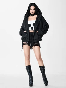 ROMWE Grunge Punk Sweatshirt Hoodie Oversize dengan Desain Tengkorak Tulang Belakang Gaya Street Punk Burnout Hollow - Hitam - View 6