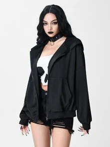 ROMWE Grunge Punk Sweatshirt Hoodie Oversize dengan Desain Tengkorak Tulang Belakang Gaya Street Punk Burnout Hollow - Hitam - View 4