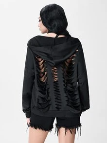 ROMWE Grunge Punk Sweatshirt Hoodie Oversize dengan Desain Tengkorak Tulang Belakang Gaya Street Punk Burnout Hollow - Hitam - View 5