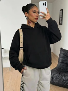 Coolane 女款秋冬保暖街頭風休閒時尚黑色寬鬆字母圖案連帽長袖衛衣 - 黑色 - 查看 2